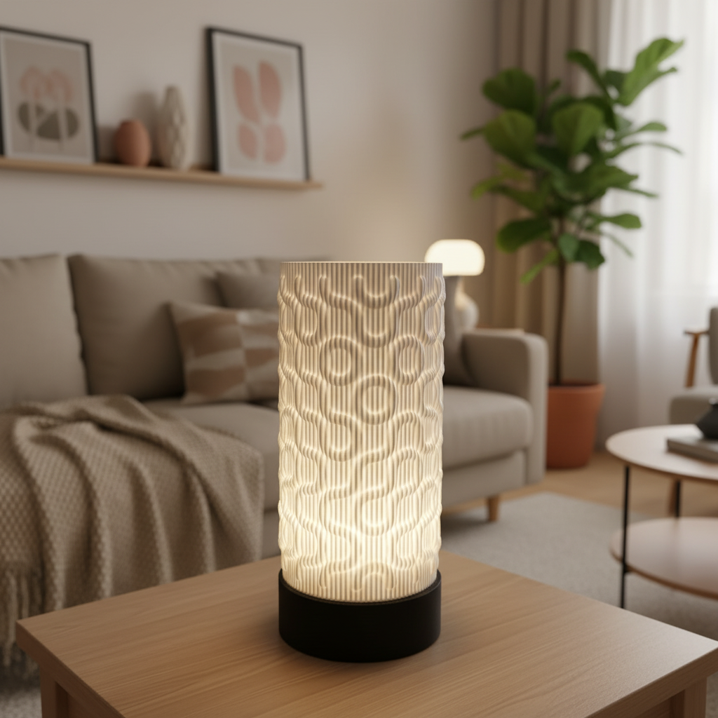 Decorative table lamp on a wooden table in a living room setting