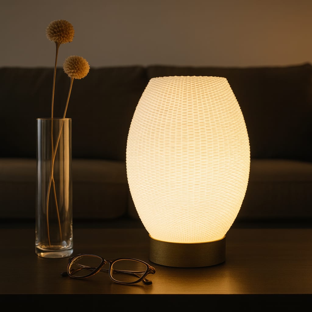 Table lamp with a textured design, a vase with dried flowers, and glasses on a dark surface.