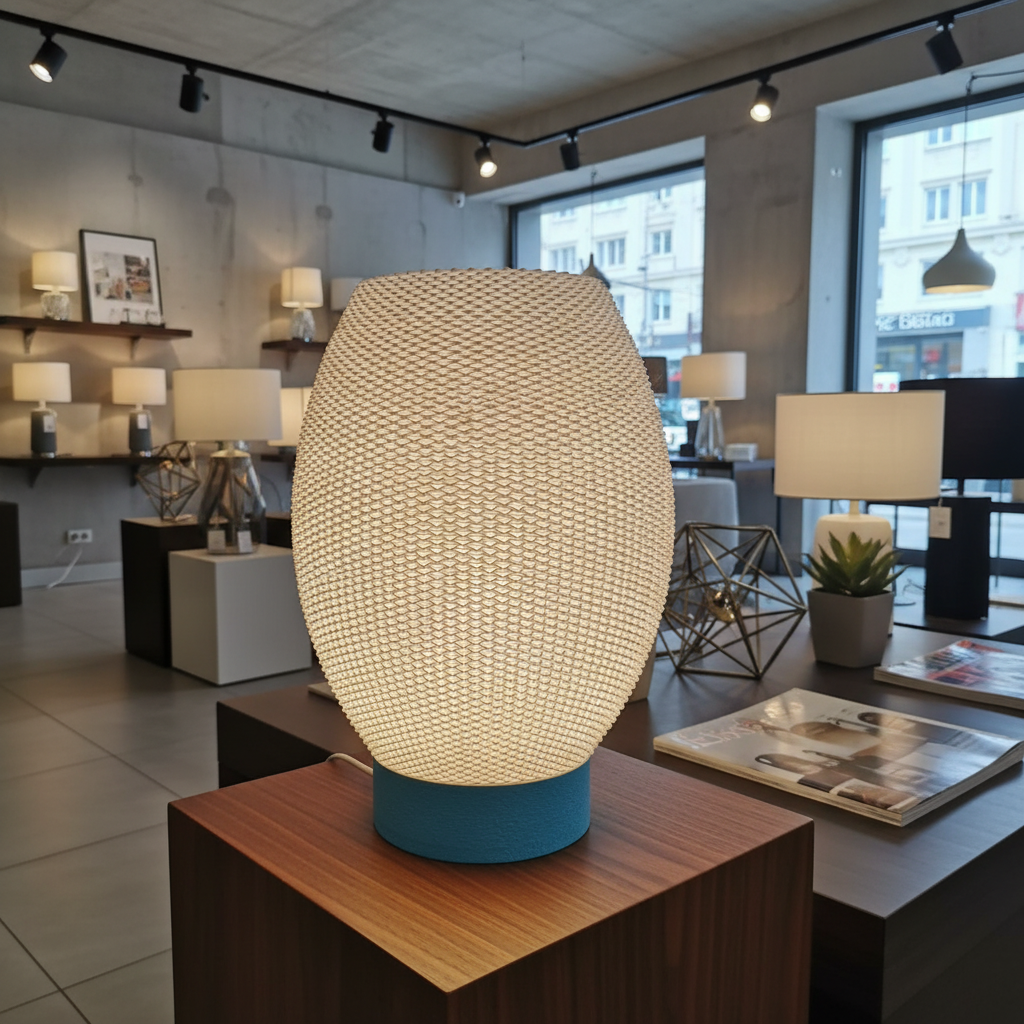 Decorative lamp with a textured shade on a wooden table in a showroom setting.