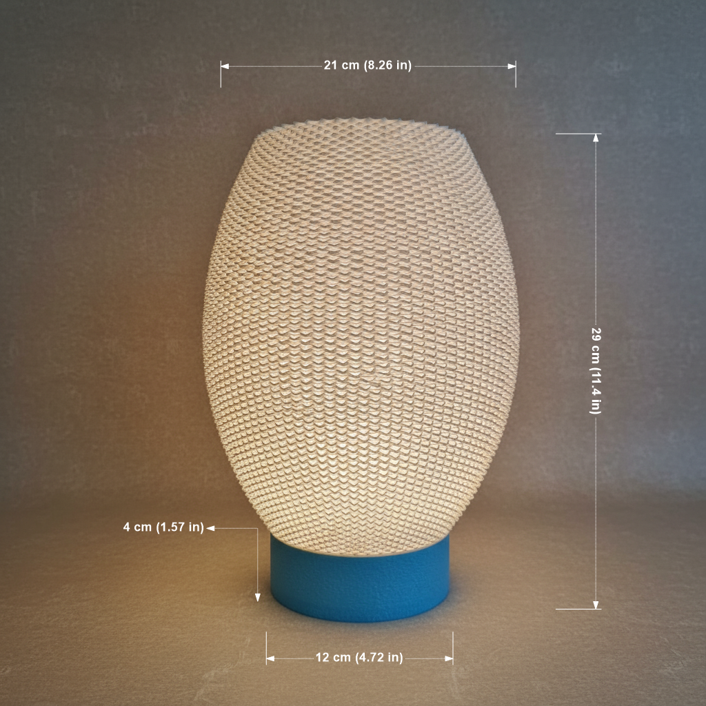 Pendant light with textured design and measurements on a dark background