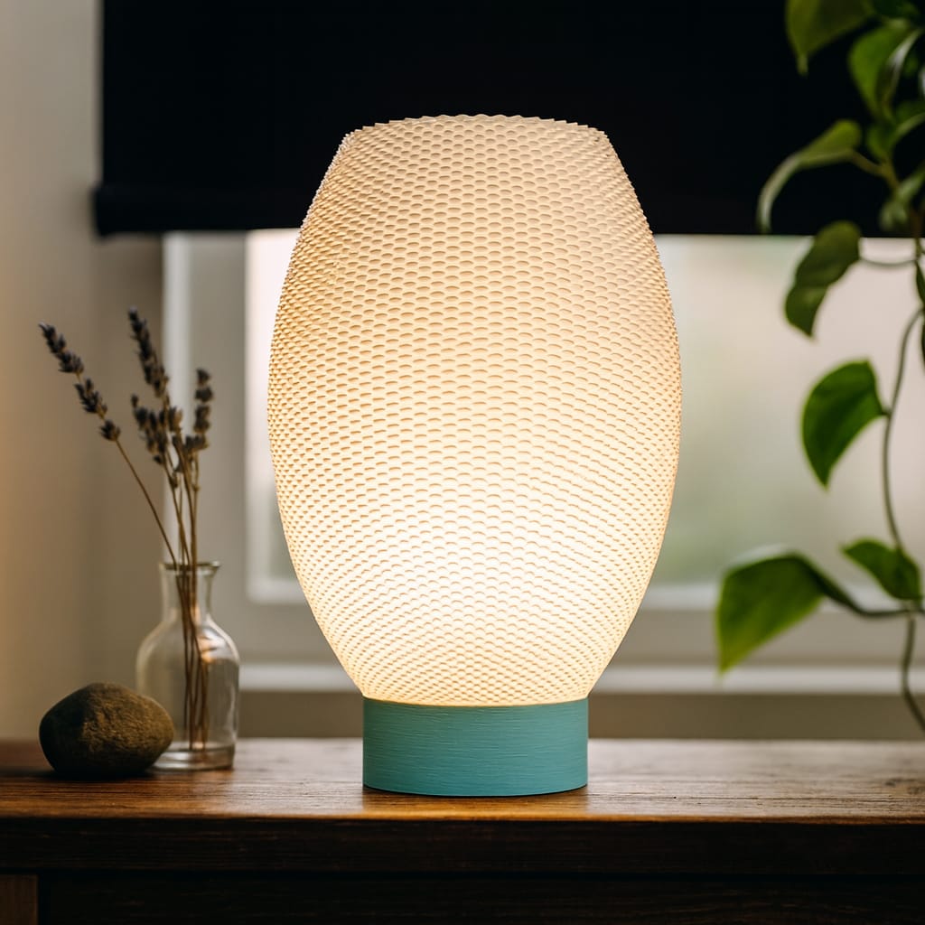 Textured table lamp with a teal base on a wooden surface, with a blurred indoor background.