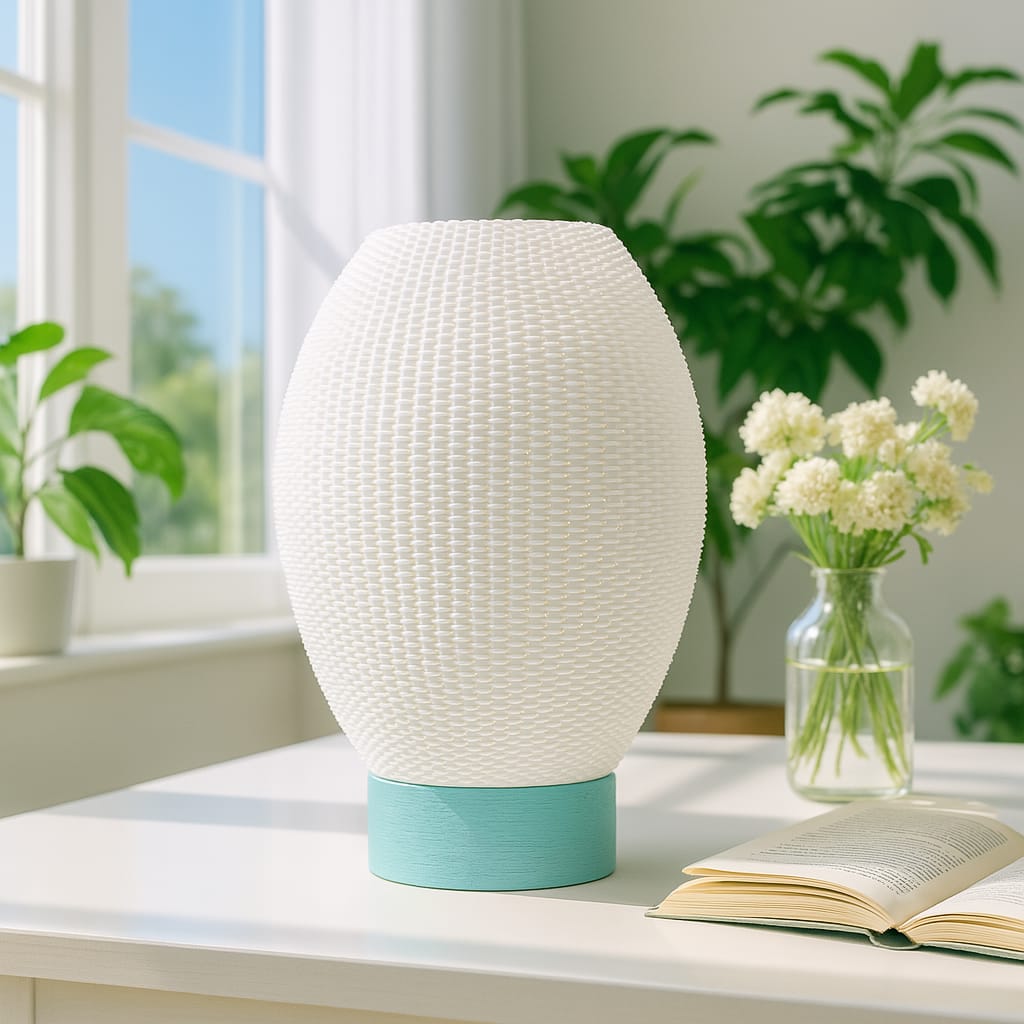 White textured lamp with a blue base on a table with a book and flowers in the background.