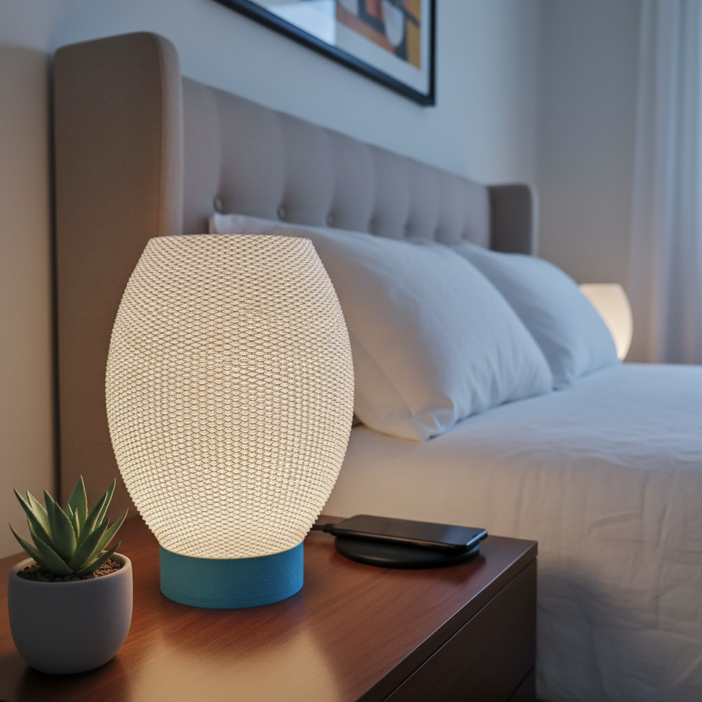 Decorative lamp on a bedside table with a bed in the background