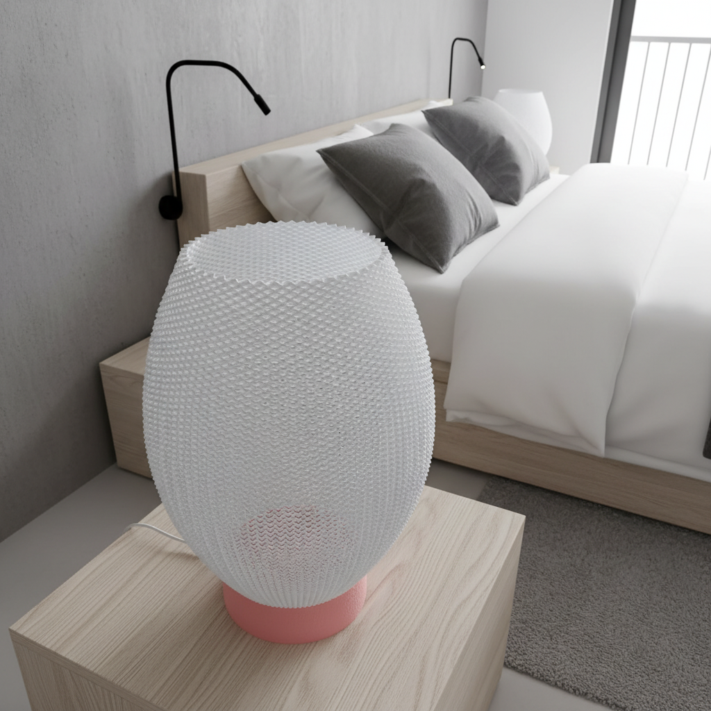 White textured lamp on a wooden nightstand with a bed in the background