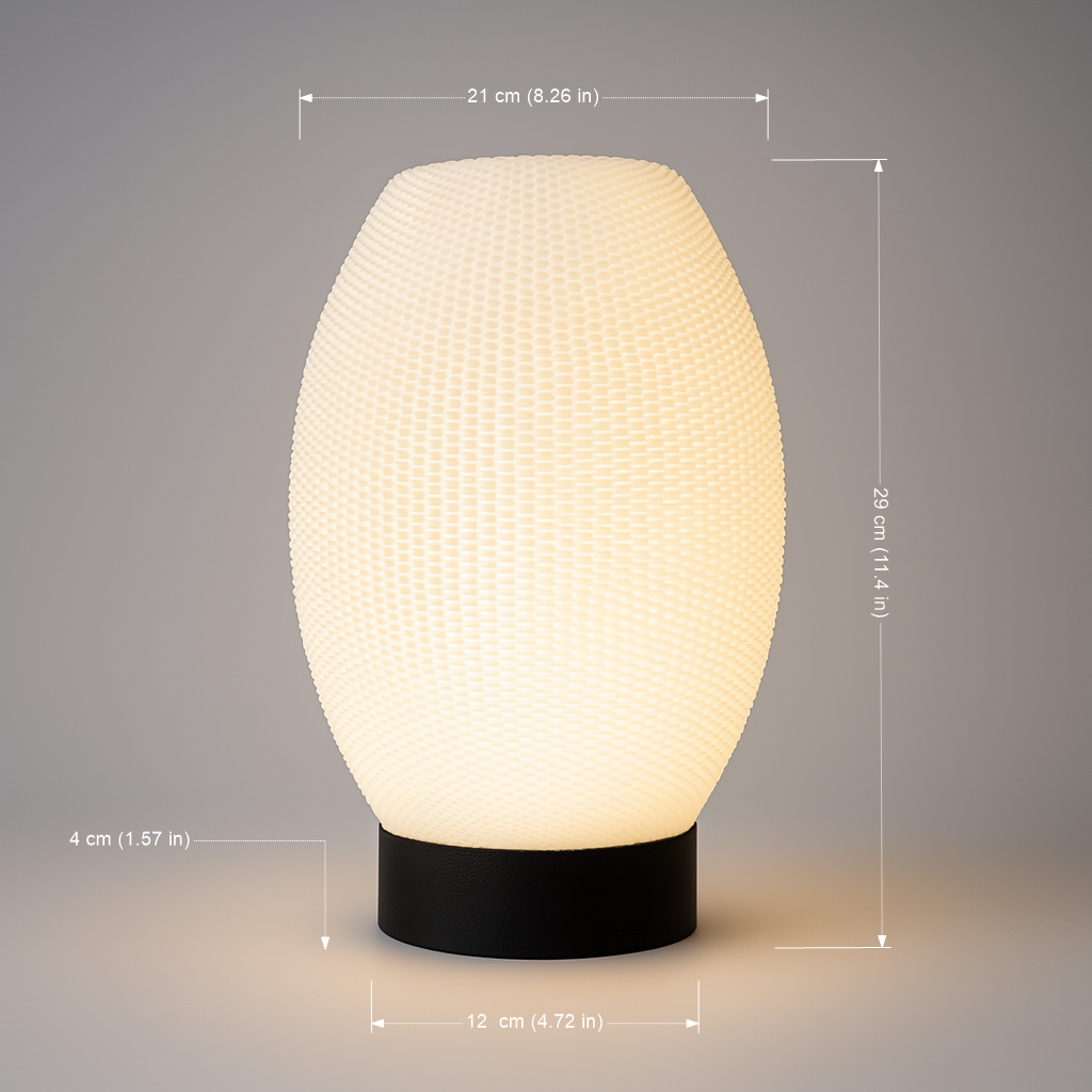 Textured table lamp with dimensions on a gray background