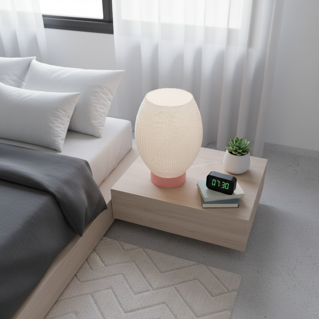 Modern bedroom with a nightstand featuring a textured table lamp, alarm clock, and small plant.