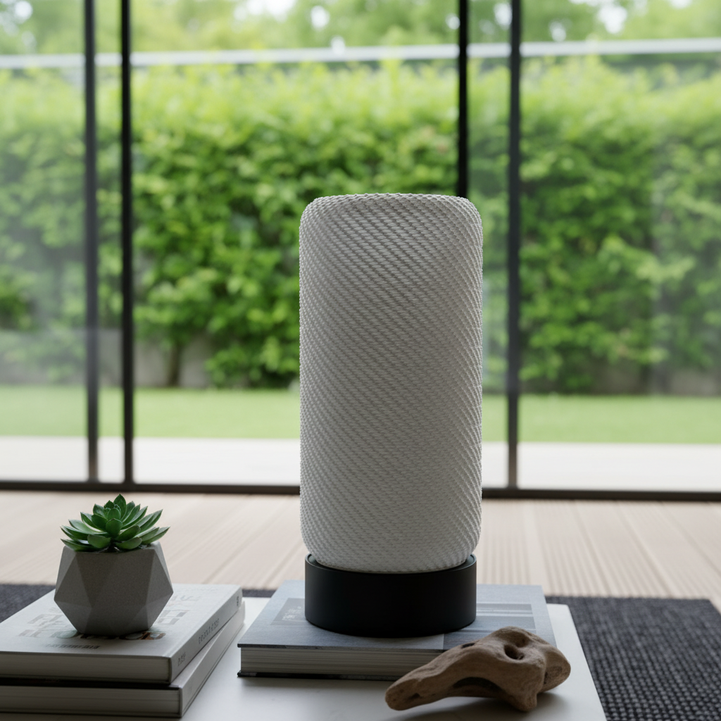 White textured lamp on a table with a plant and books in a room with large windows.