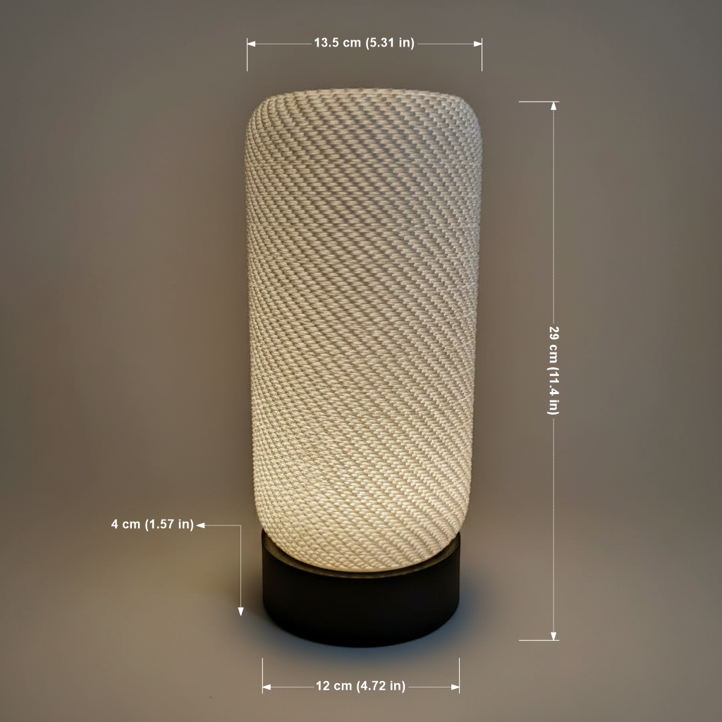 Textured cylindrical lamp with dimensions indicated on a dark background