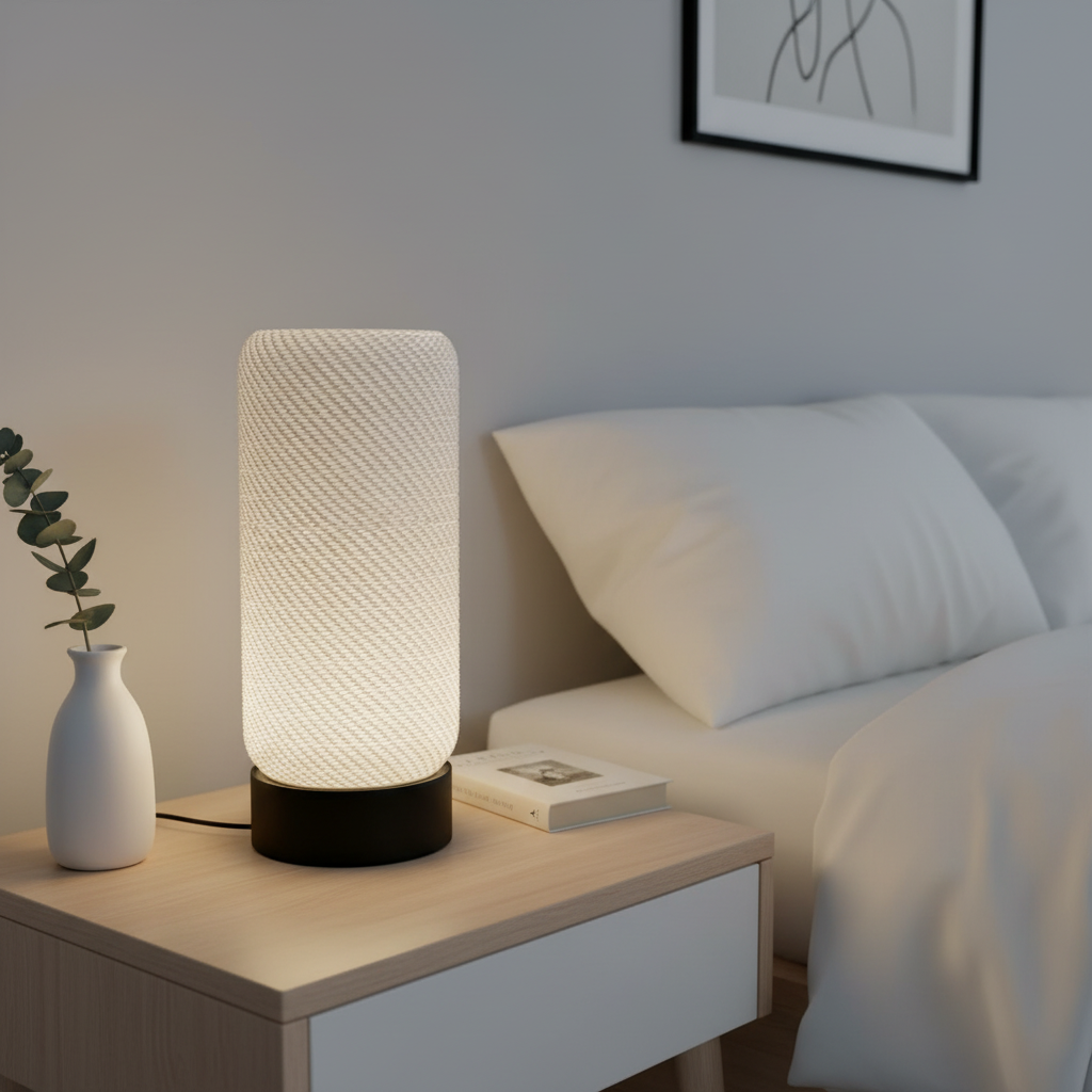 Textured table lamp on a nightstand next to a bed with pillows