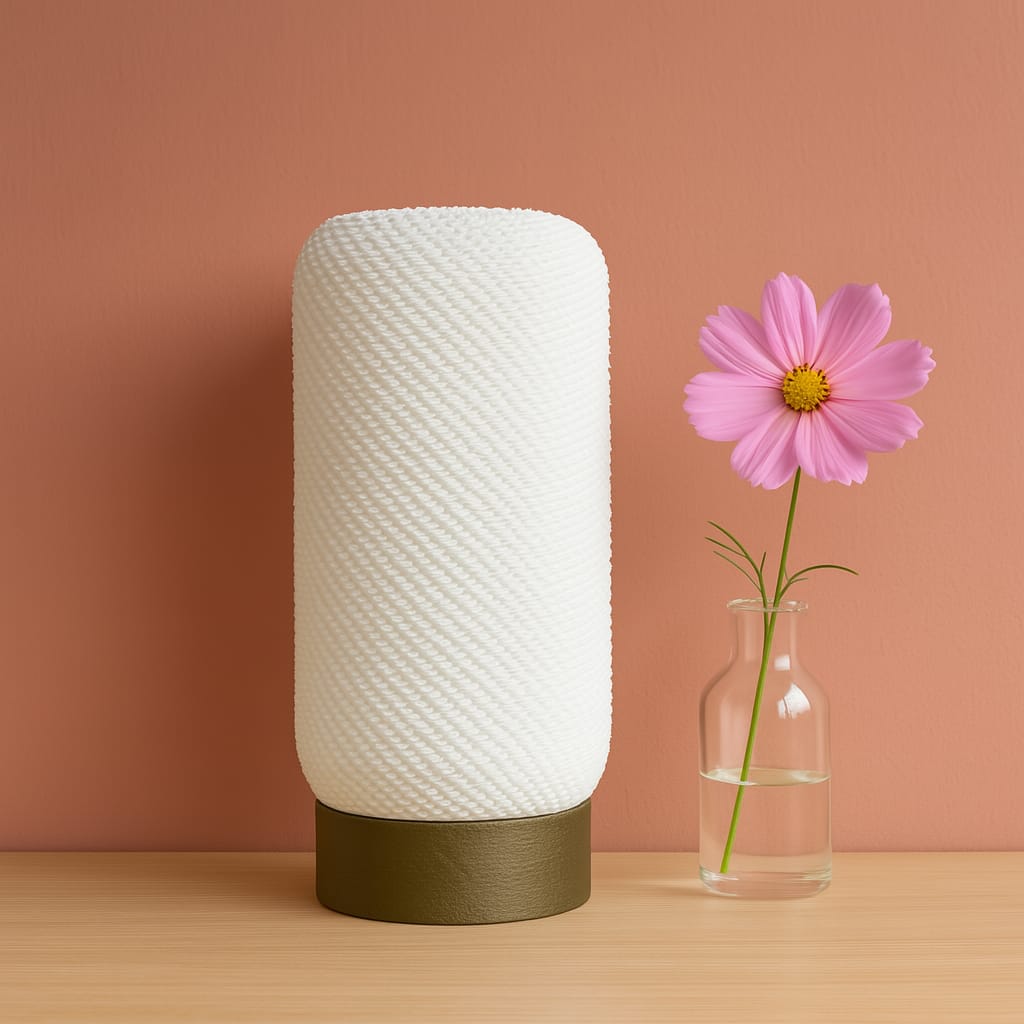 White textured lamp with gold base next to a pink flower in a clear vase on a peach background