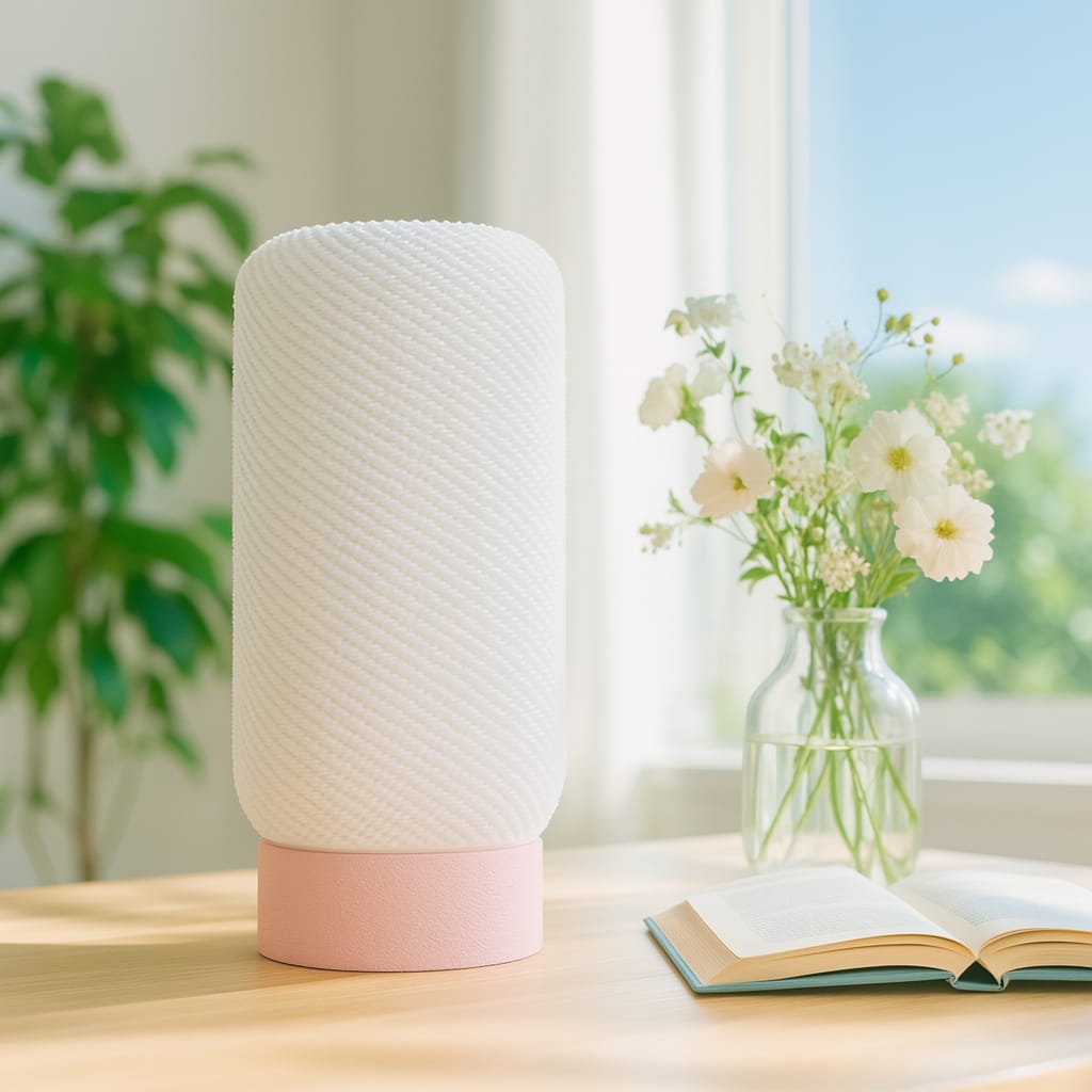 White textured lamp with pink base on a table next to a vase of flowers and an open book.