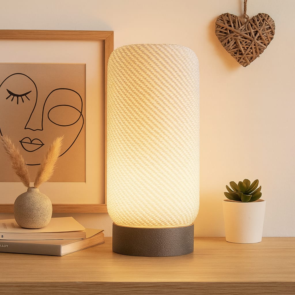 Textured table lamp on a wooden surface with decorative items