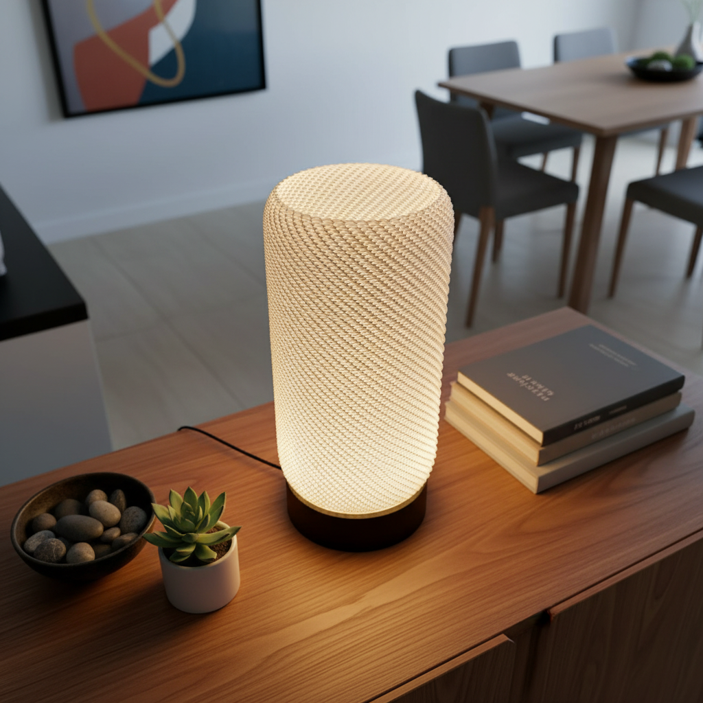 Textured table lamp on a wooden surface with books and a plant in a blurred room setting