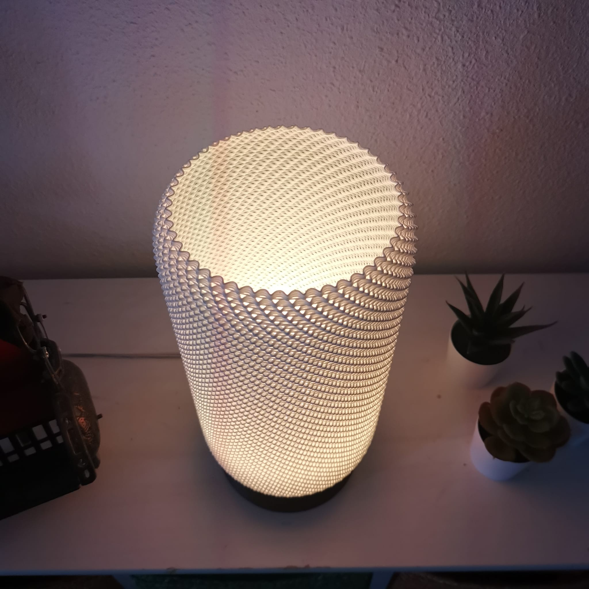 Decorative lamp with a textured surface on a table with plants