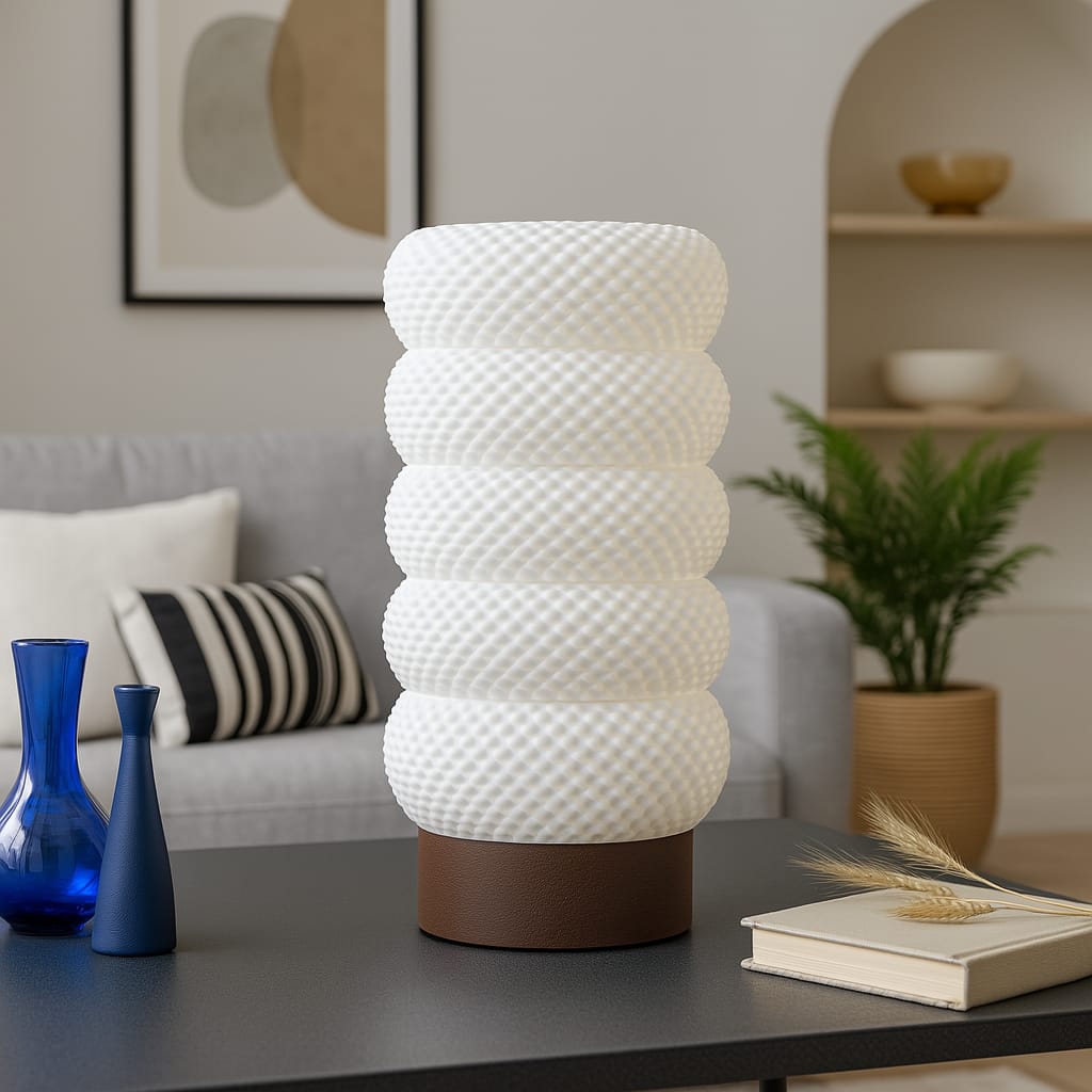 White textured table lamp on a table with a living room background