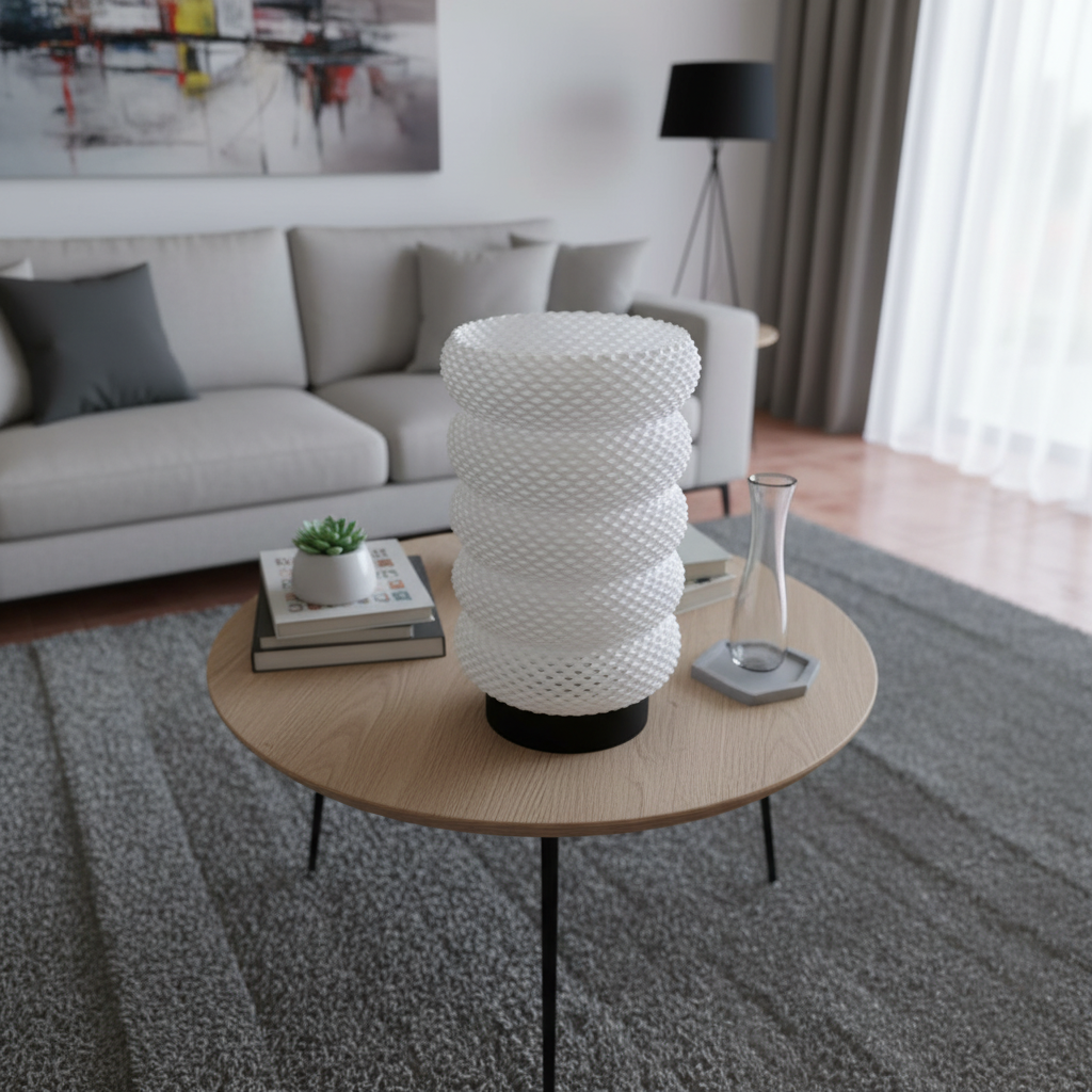 Decorative white textured table lamp on a wooden coffee table in a living room.
