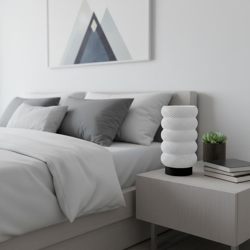 Modern bedroom with a bed, nightstand, and decorative items.