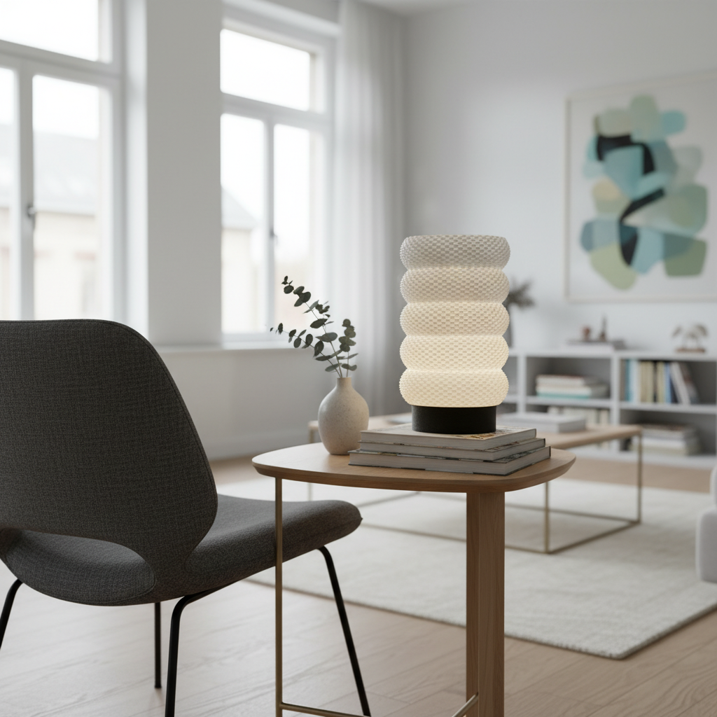 Modern interior with a table featuring a stack of books and a textured lamp, next to a chair.