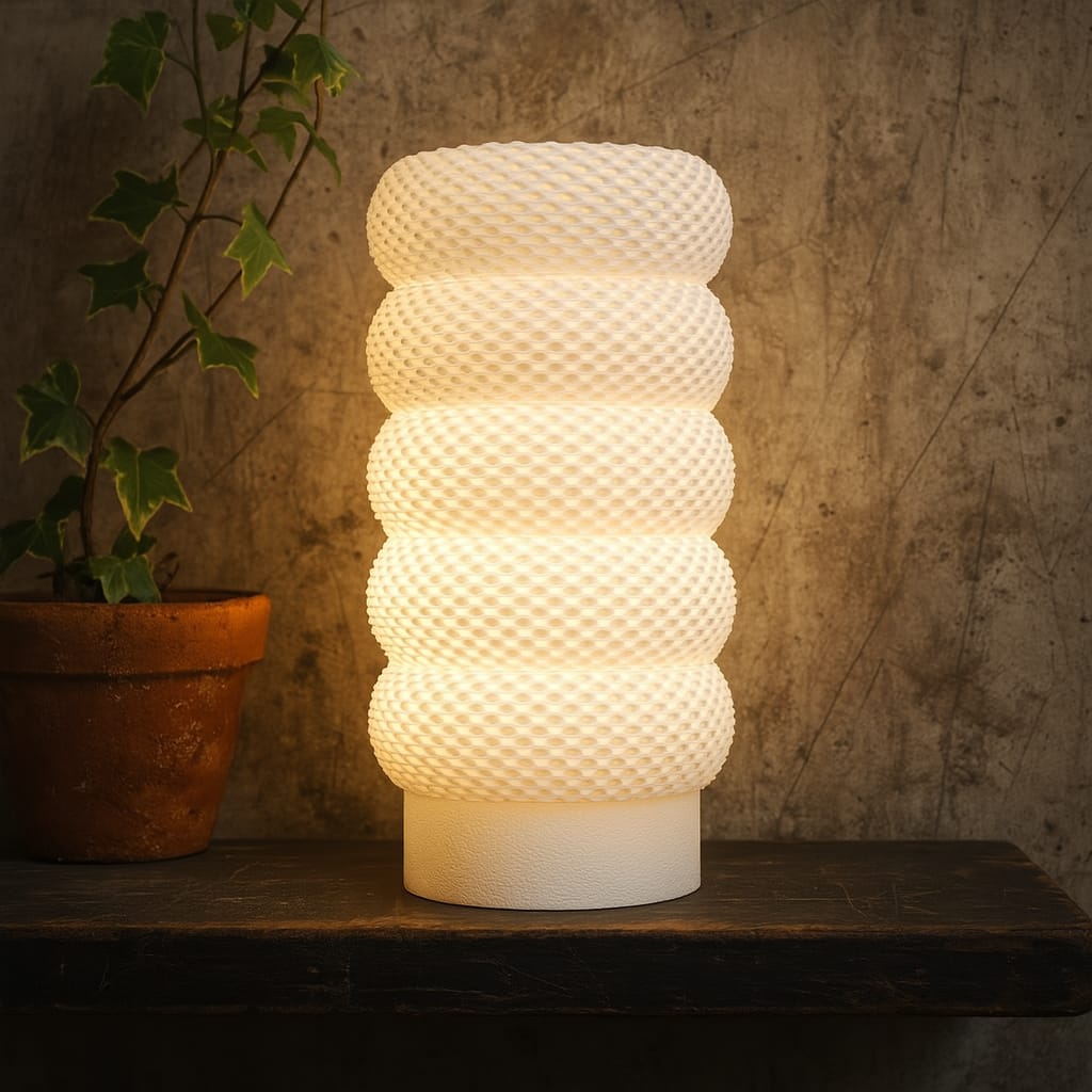 Textured table lamp on a wooden surface with a plant in the background