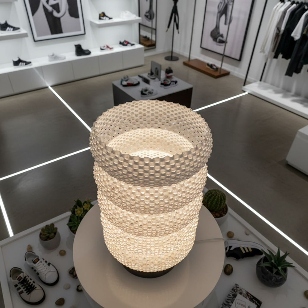 Decorative table lamp with textured design and gold base, shown with measurements on a neutral background.