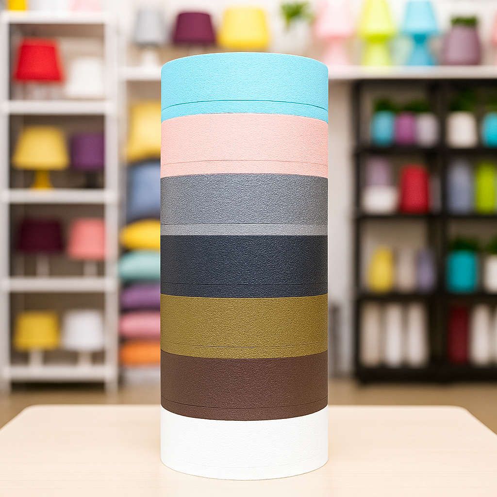 Colorful cylindrical bases with layered colors on a wooden surface, blurred shelves with colorful items in the background.
