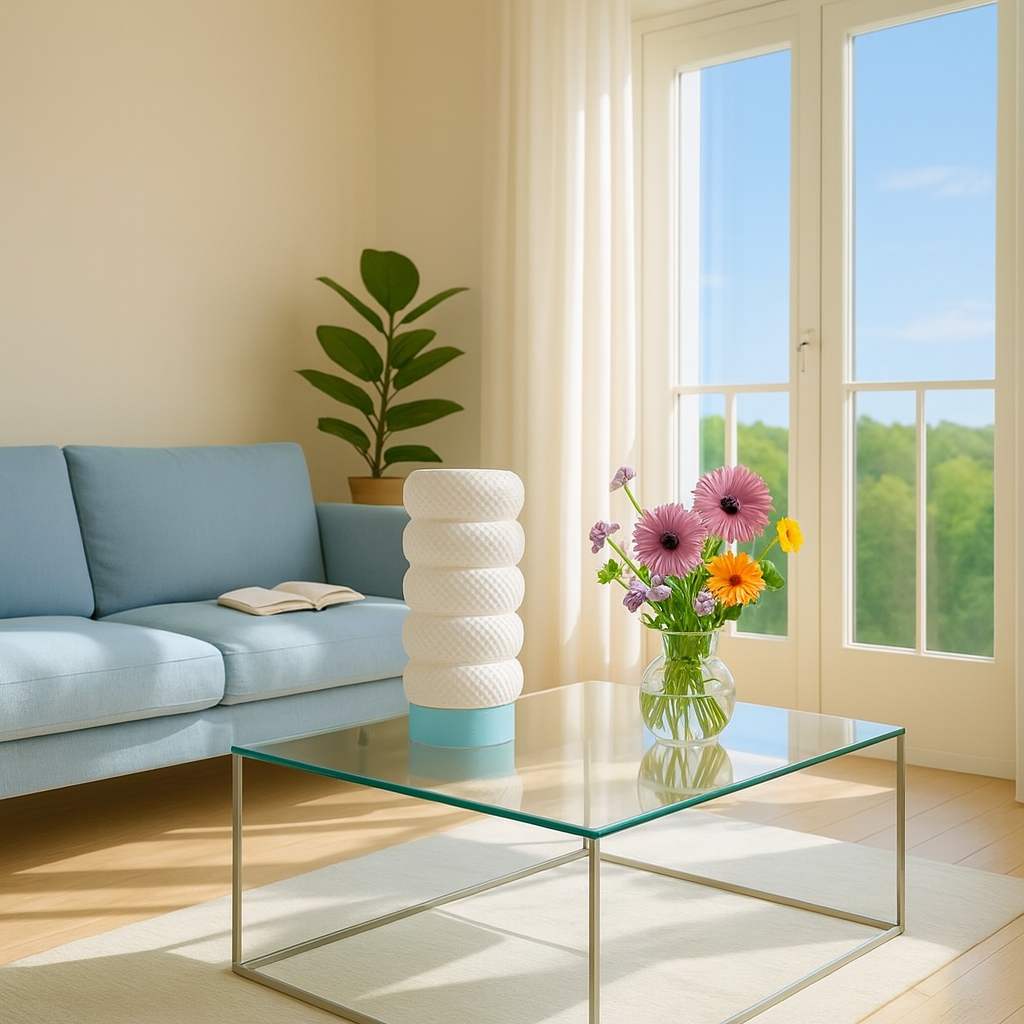 Modern living room with a glass coffee table, blue sofa, and decorative elements.