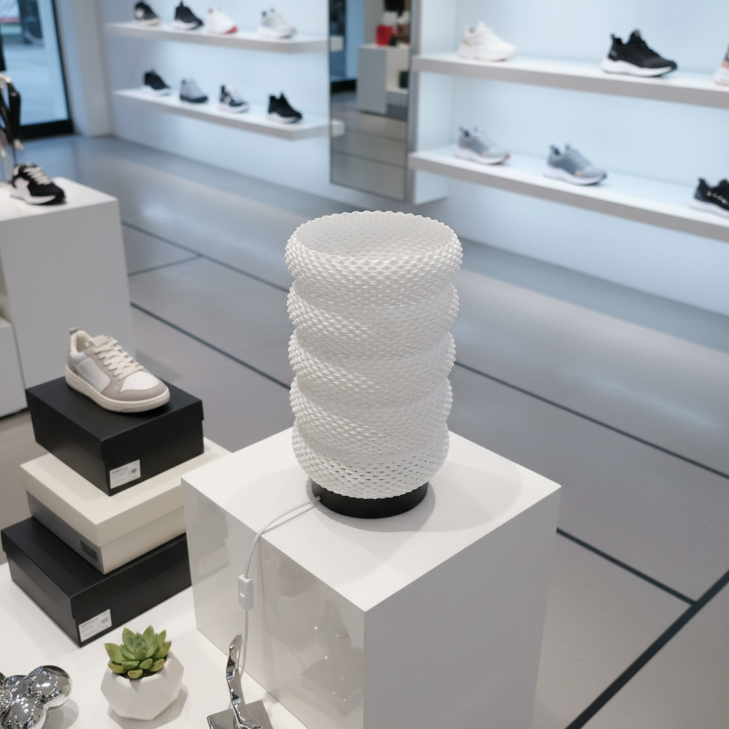 White textured table lamp on a white platform with shoes displayed in the background