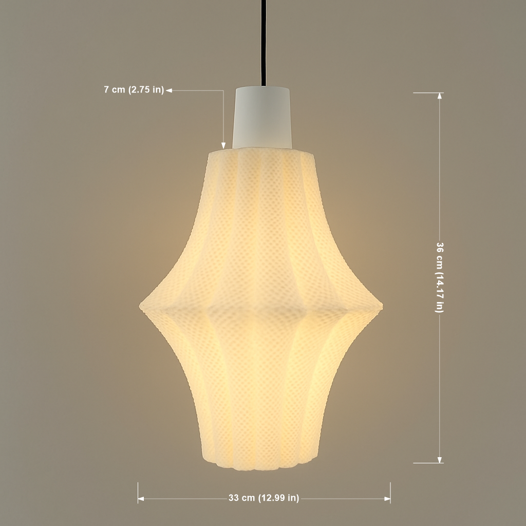 Pendant light with dimensions indicated on a gradient background