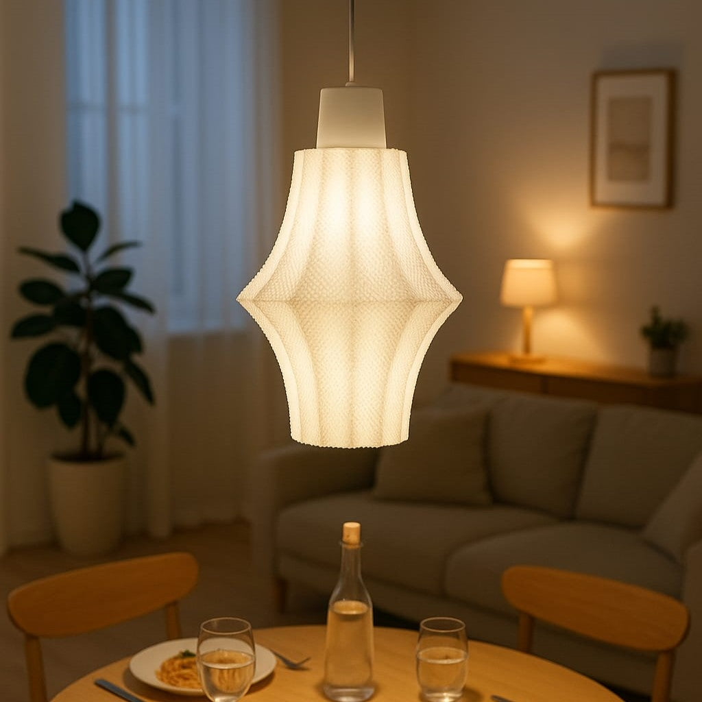 Living room with a pendant light, sofa, and table setting.