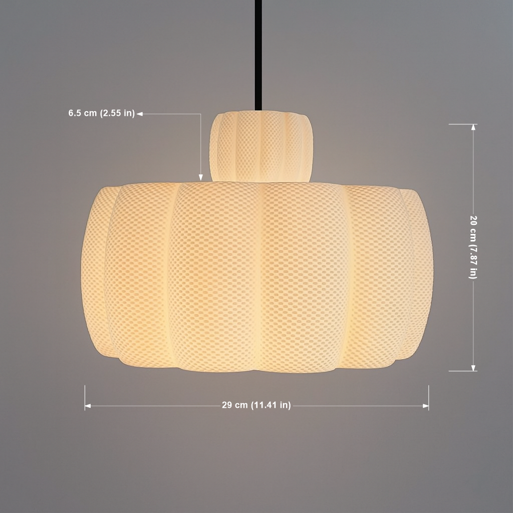 Textured pendant light with dimensions on a gray background