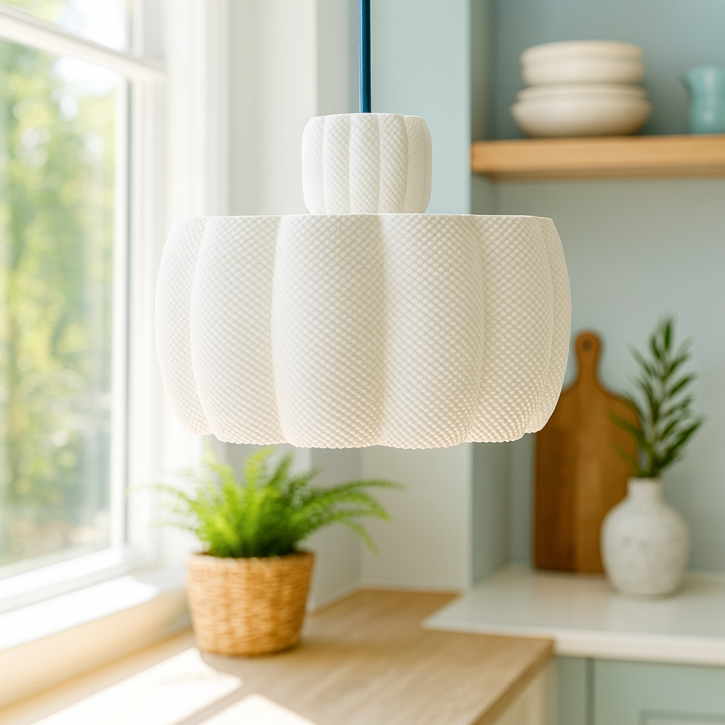 White textured pendant light in a kitchen setting with plants and shelves.