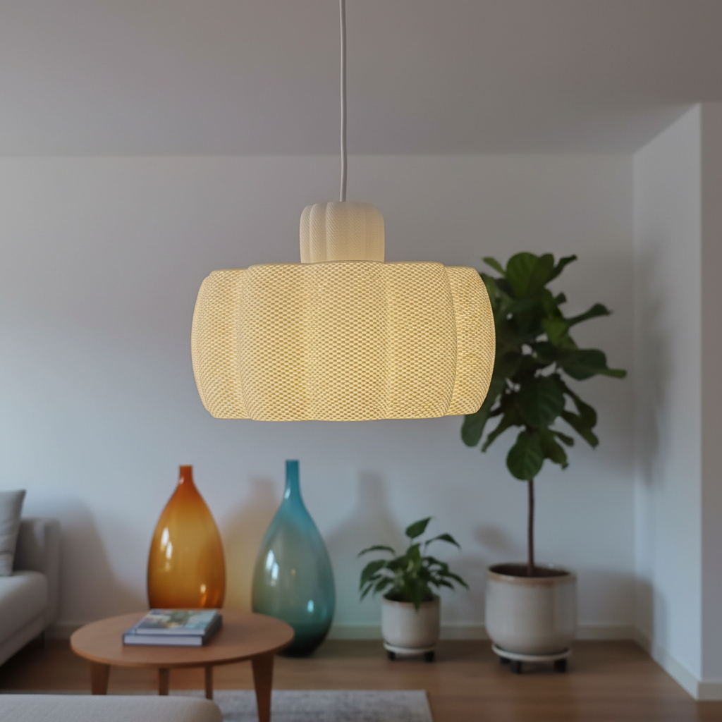 A warm-lit pendant lamp with a rounded, ribbed texture suspended above a living room featuring colorful glass vases and a potted plant.