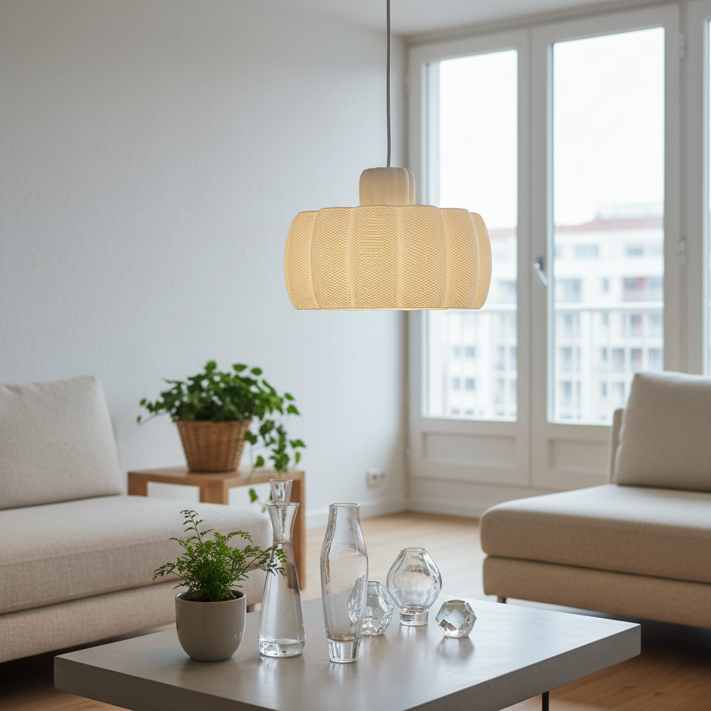 A glowing pendant lamp with a textured, curved shade hanging above a coffee table in a bright living room with neutral furniture and large windows.