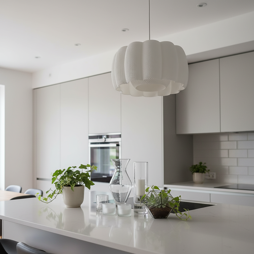 A white, sculptural pendant lamp with a ribbed texture hanging above a kitchen island in a sleek, minimalist kitchen with light cabinetry.