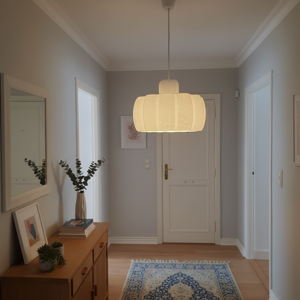 A softly lit pendant lamp with a scalloped, textured design hanging in a modern hallway with a wooden sideboard, round mirror, and minimalist décor.