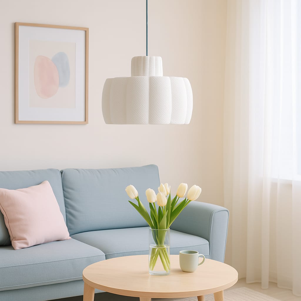 Modern living room with light blue sofa, round wooden coffee table, and abstract art on wall.