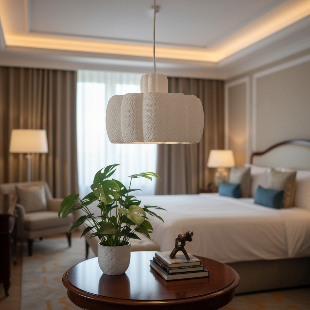 A white pendant lamp with a sculpted, textured shade hanging above a side table in a sophisticated bedroom with neutral tones and soft lighting.