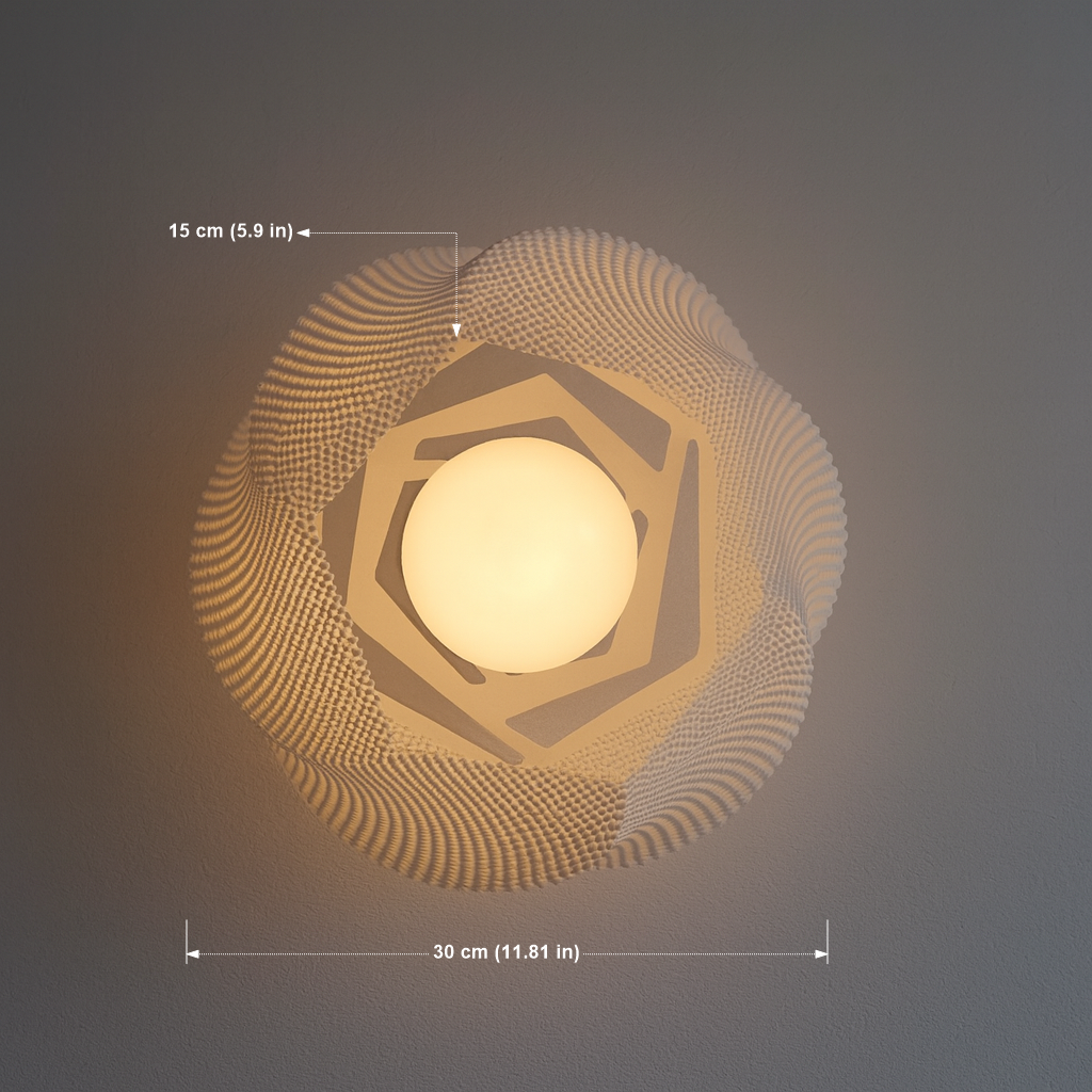 Decorative wall light with geometric pattern and measurements on a dark background