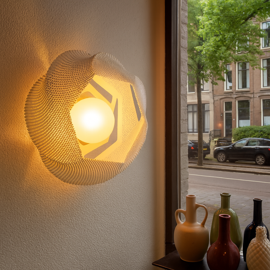 Decorative wall light fixture on a textured wall with a window view of a street.