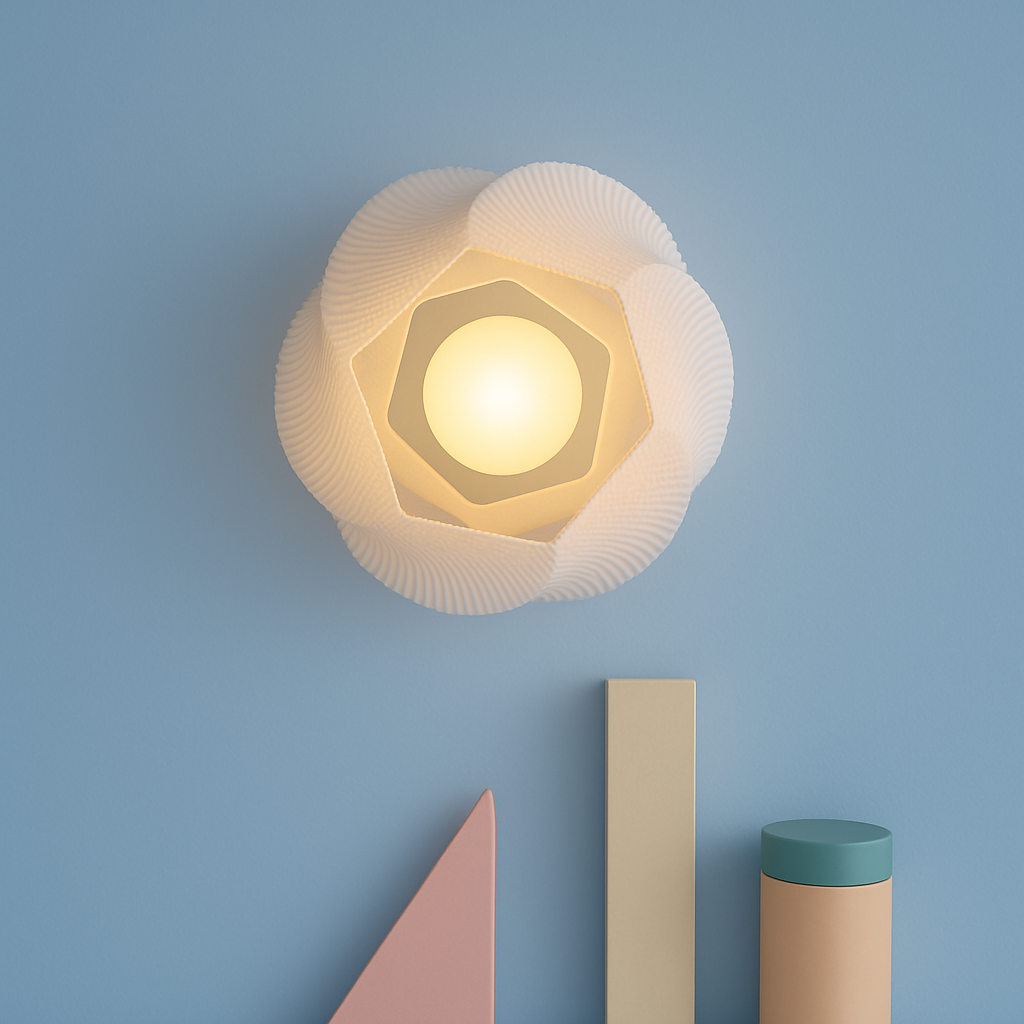 Geometric wall light fixture on a blue background with colorful geometric shapes below.