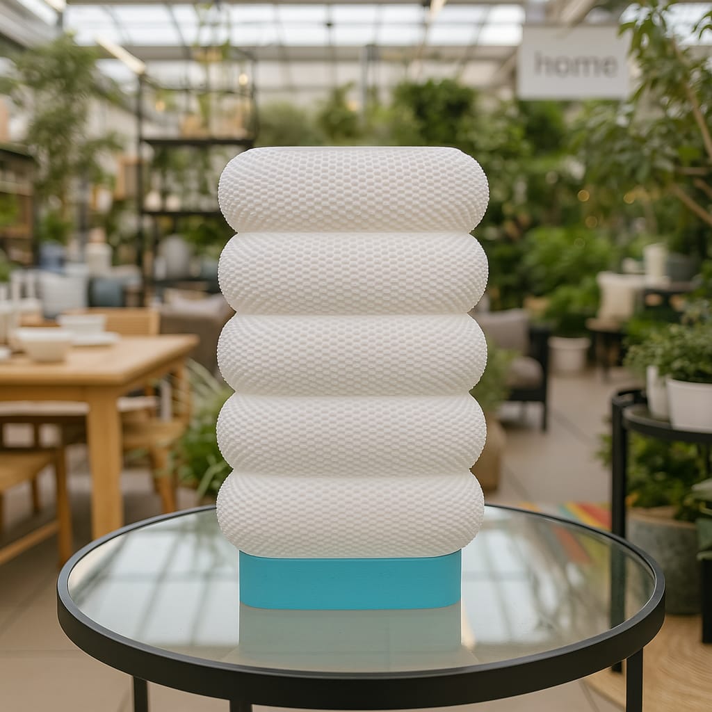 White table lamp with a blue base on a glass table in a store setting