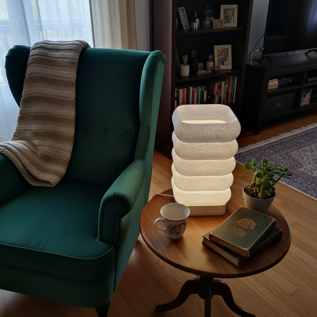 Living room with a green armchair, side table with a lamp and books, and a bookshelf in the background.