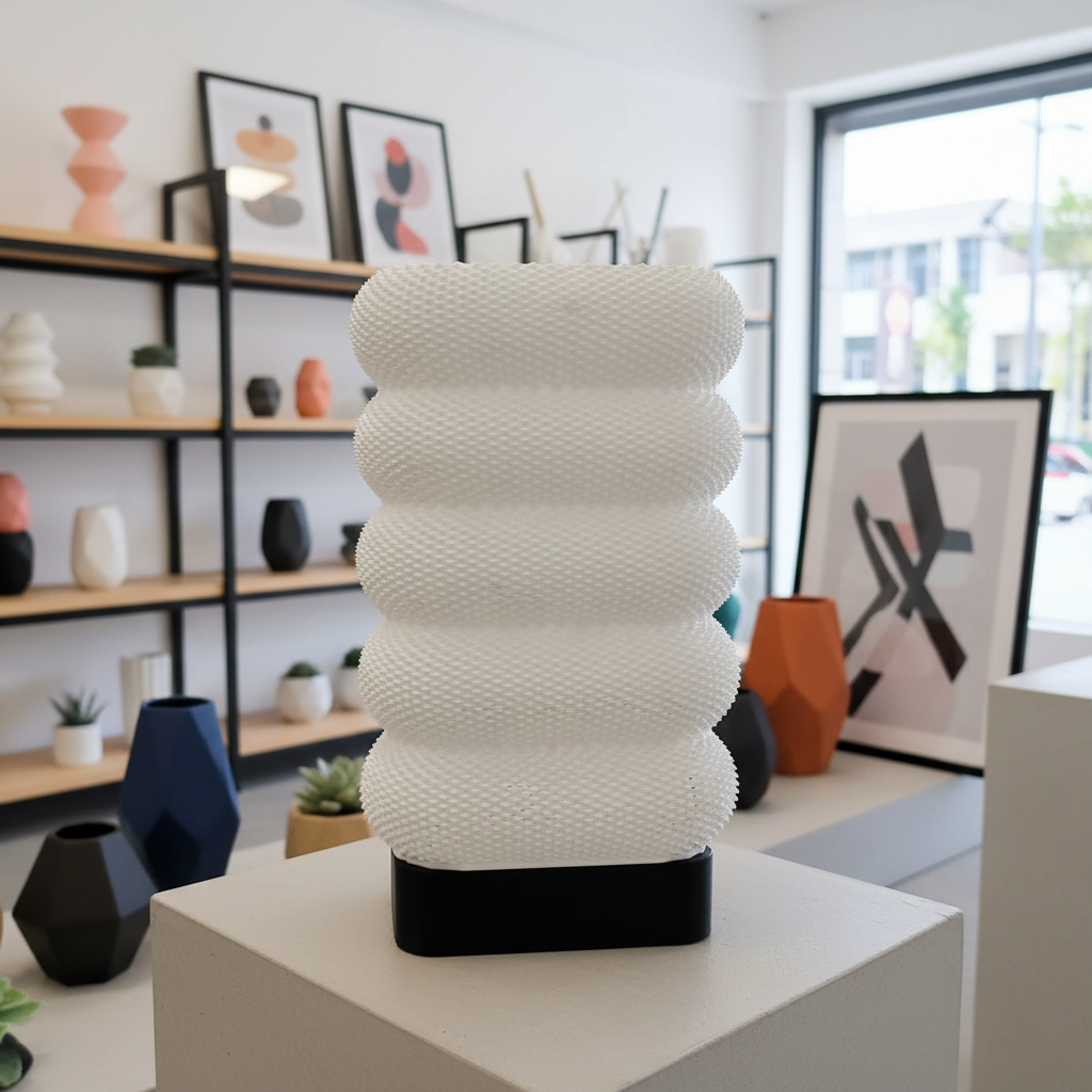 White textured vase on a pedestal in a room with shelves displaying various vases.