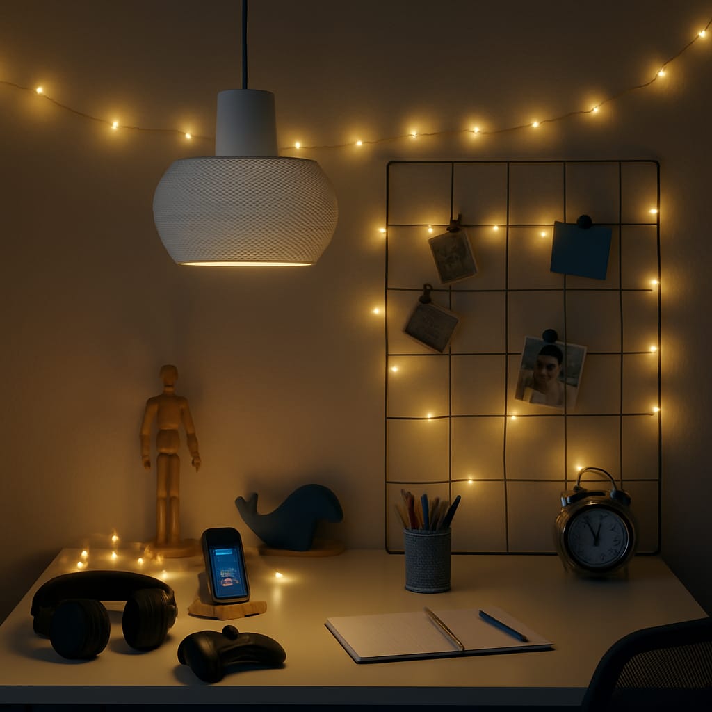 Desk with various items including a lamp, notebook, and clock, illuminated by string lights.