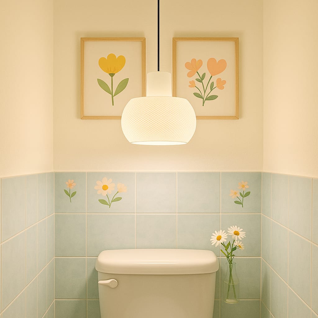Bathroom with floral wall art and a vase of flowers on a tiled wall.