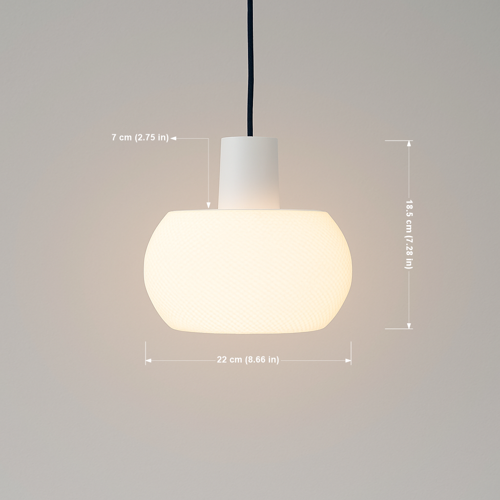 Pendant light with dimensions indicated on a neutral background