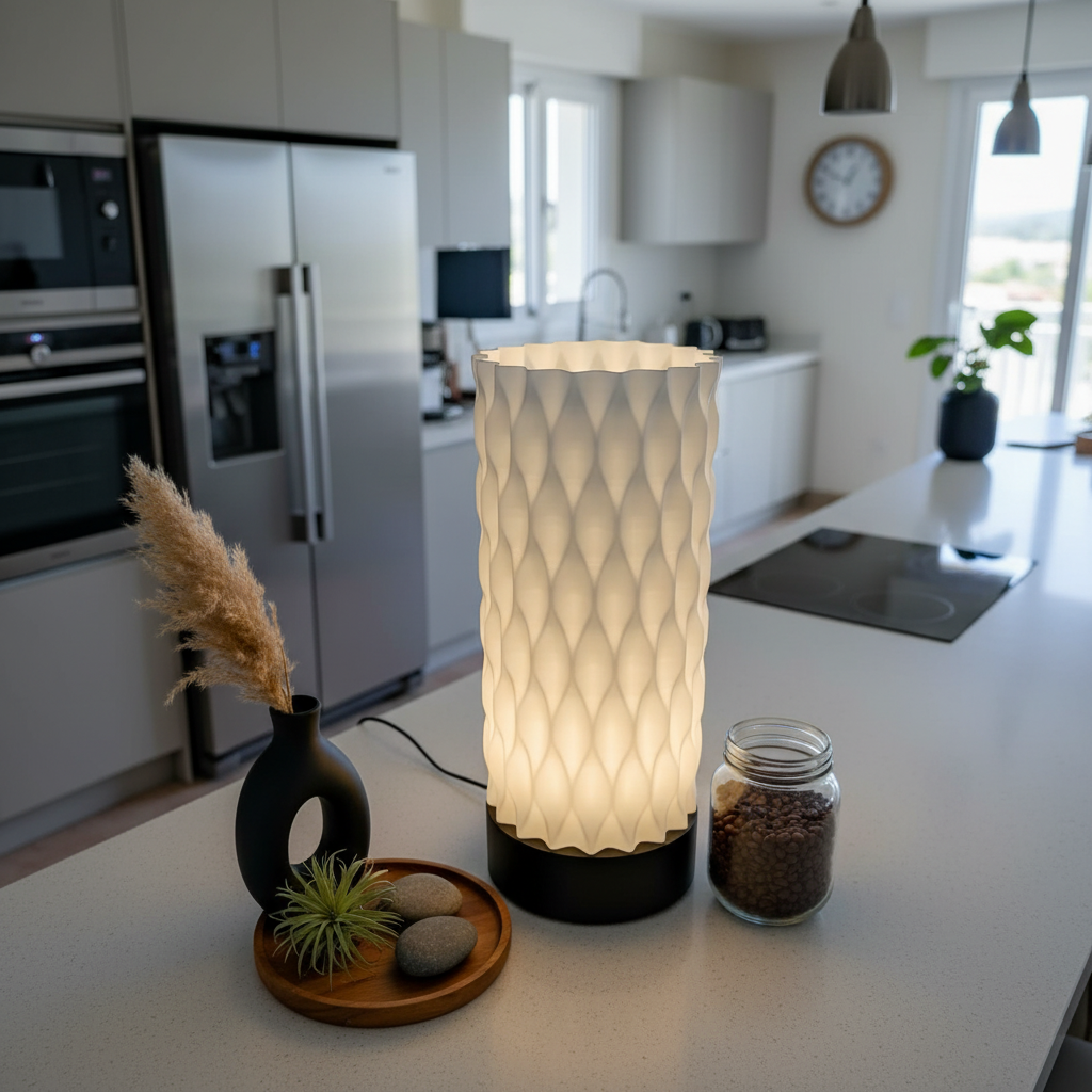 Lamp on a kitchen counter with decorative items