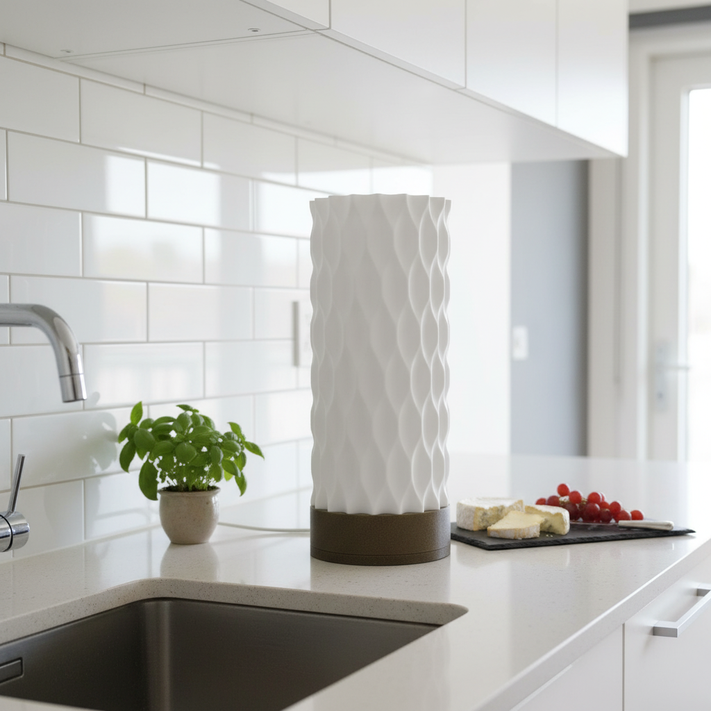 Modern kitchen with white tiled wall, sink, and countertop with a table lamp.