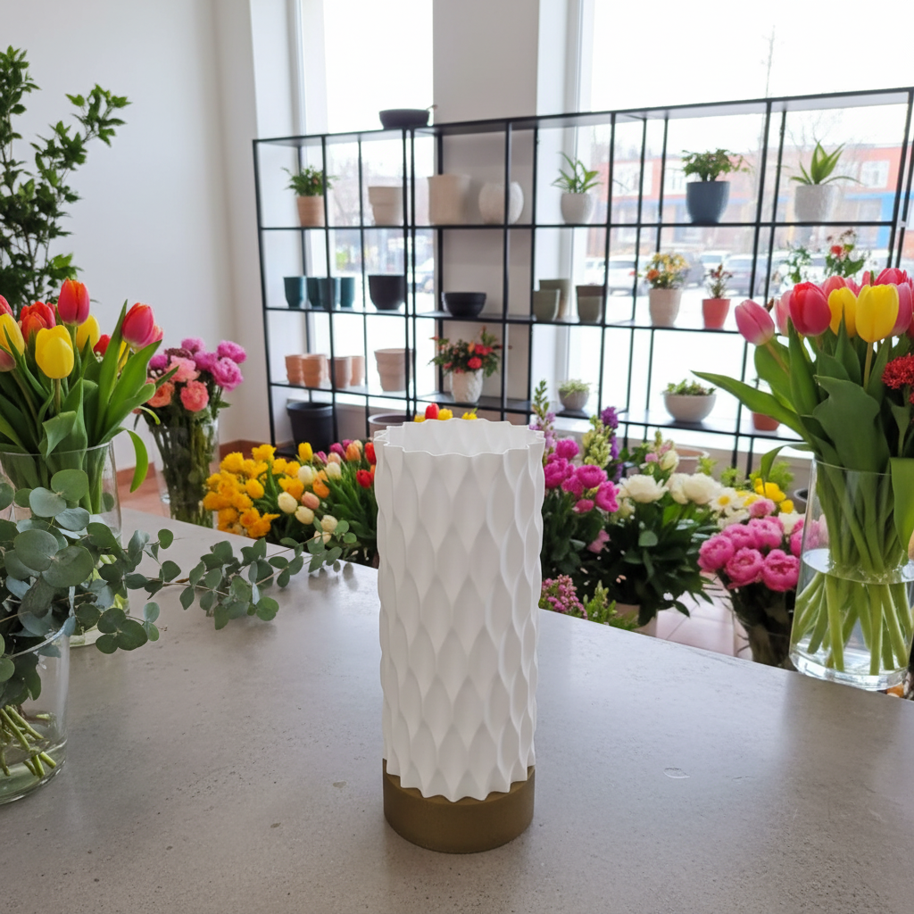 White textured vase on a table with flowers in the background