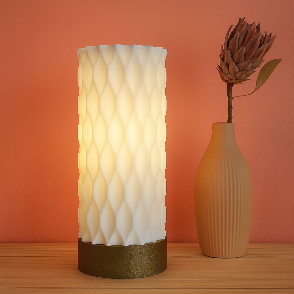 Textured table lamp and beige vase with plant on wooden surface against orange wall